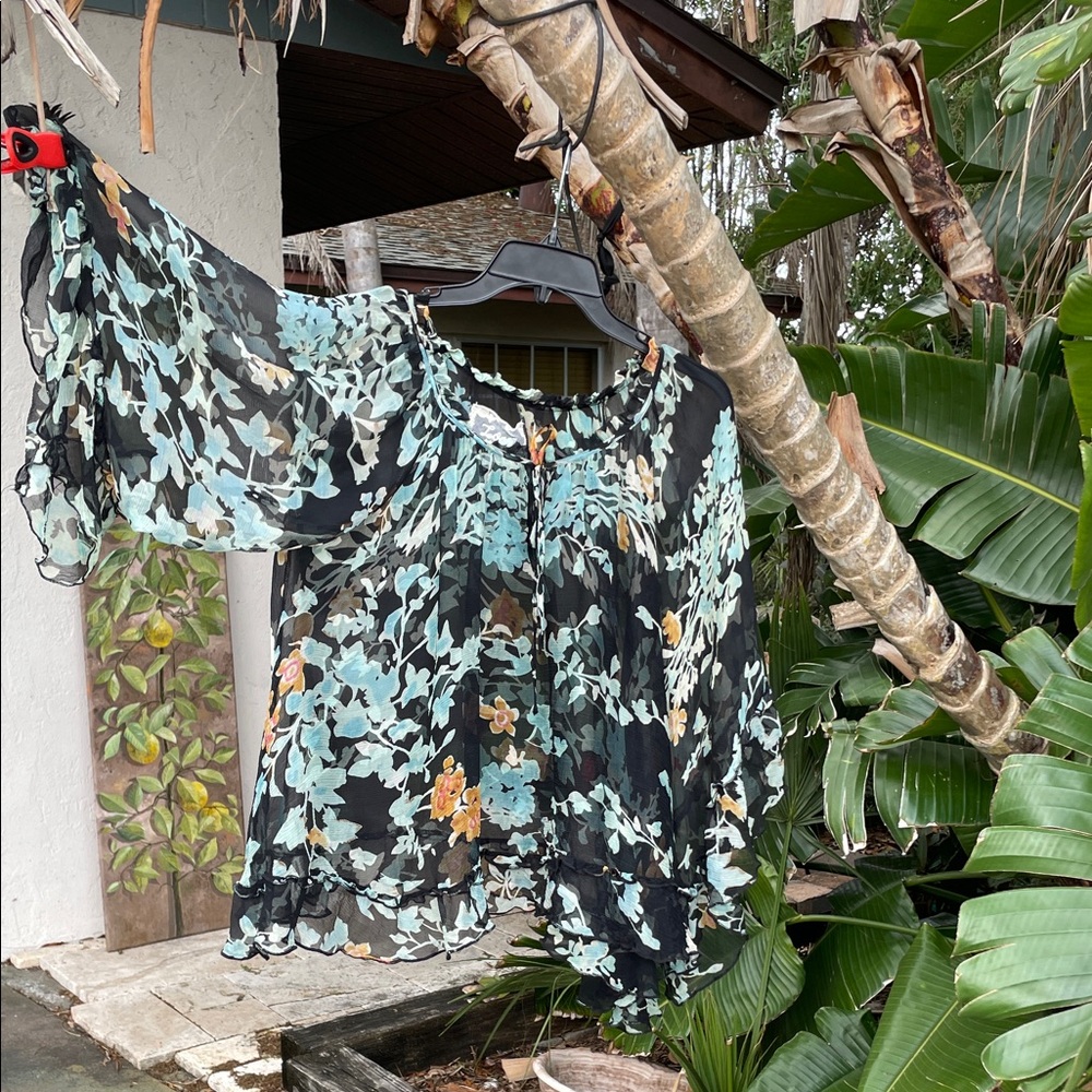 dark floral, pure silk ruffled statement sleeve top